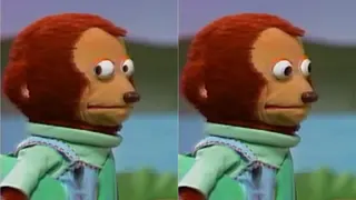 Two frames of a brown monkey puppet in a green shirt glancing sideways then toward the camera with wide eyes