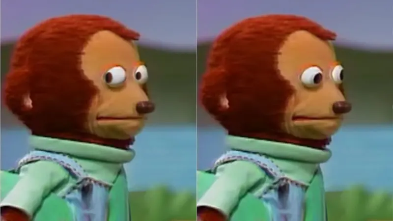 Two frames of a brown monkey puppet in a green shirt glancing sideways then toward the camera with wide eyes