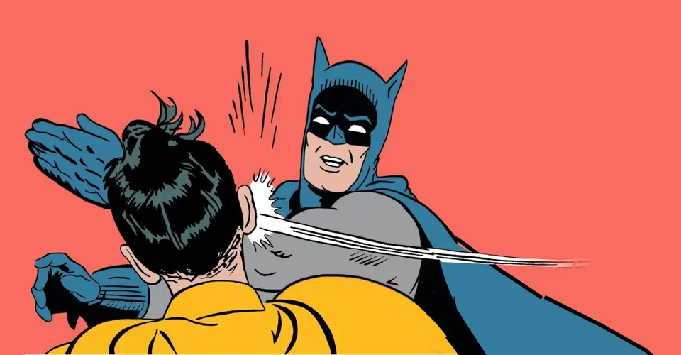 Blank template of the comic panel where a caped Batman slaps a yellow-caped Robin across the face against a red background