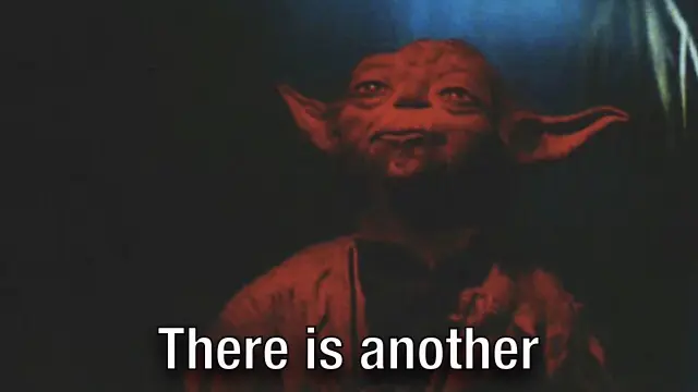 Dark film still of a small green pointy-eared puppet lit in red, subtitled "There is another"