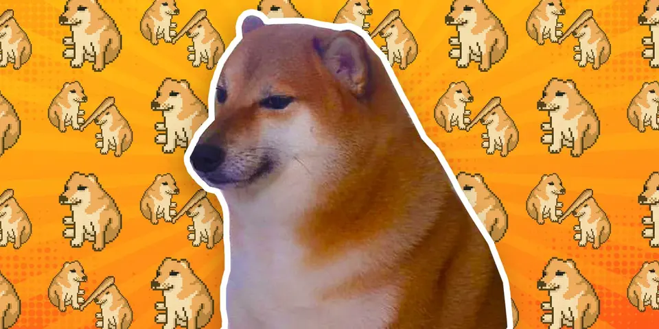 Cutout of a sitting Shiba Inu with a droopy, side-eyed expression on an orange background patterned with pixel-art shibas