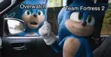 Two blue Sonic characters inside a car, one open-mouthed by the window labelled "Overwatch", the other smirking labelled "Team Fortress 2"