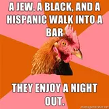 Rooster head on a red and pink starburst background with a bar-joke setup and the flat punchline "They enjoy a night out."
