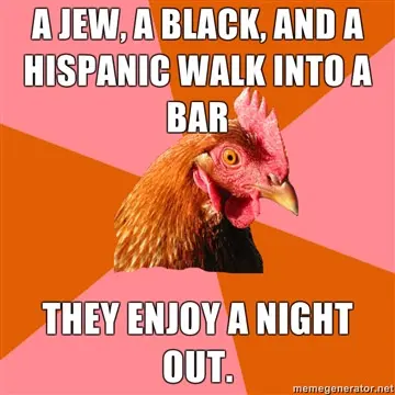 Rooster head on a red and pink starburst background with a bar-joke setup and the flat punchline "They enjoy a night out."