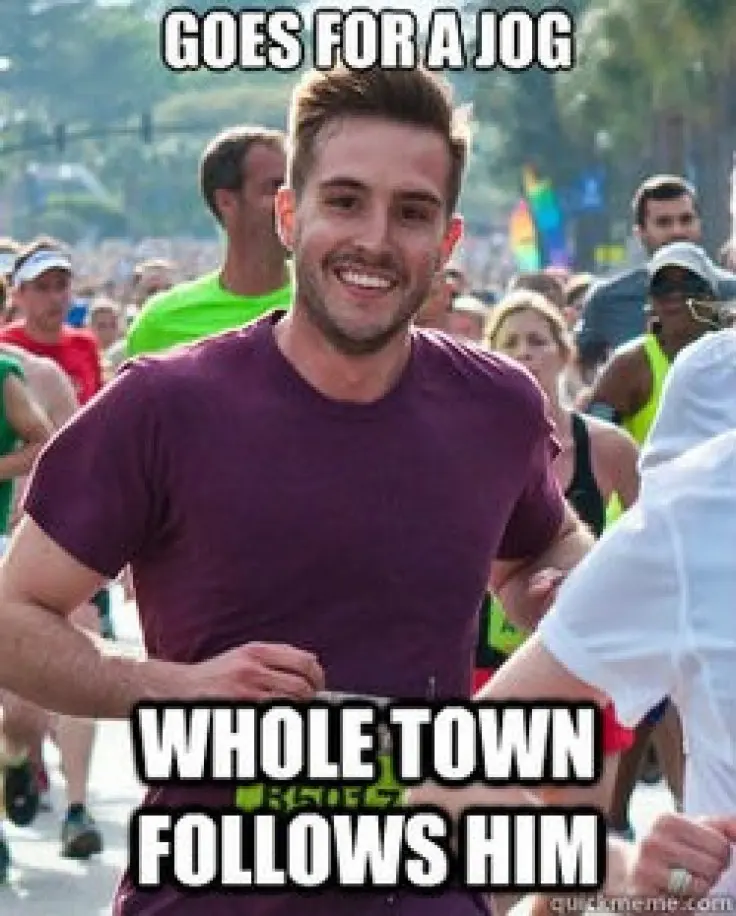 Runner in a maroon shirt beaming at the camera mid-race, captioned "GOES FOR A JOG / WHOLE TOWN FOLLOWS HIM"