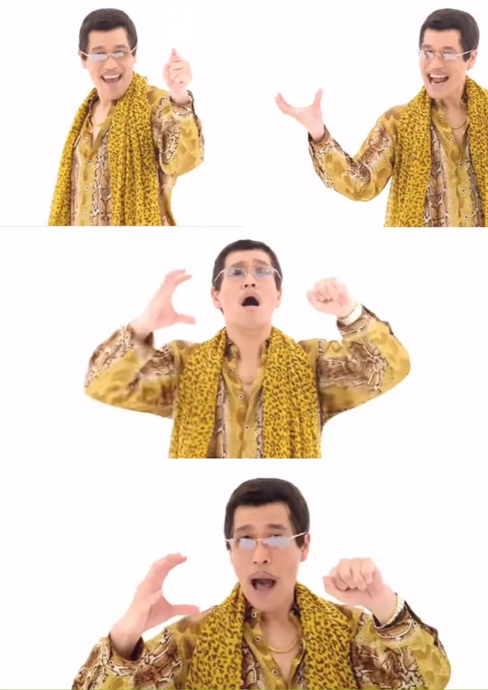 Four stills of a man in tinted glasses and a leopard-print coat and scarf gesturing and singing against white