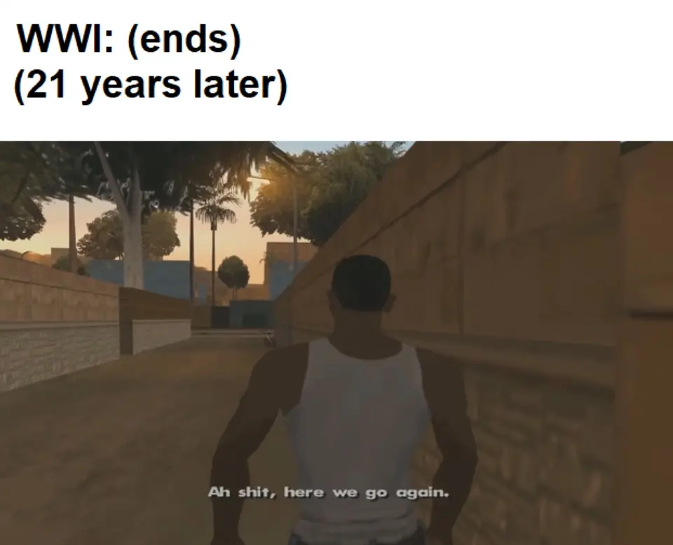 GTA San Andreas's CJ walking away under the subtitle "Ah shit, here we go again"