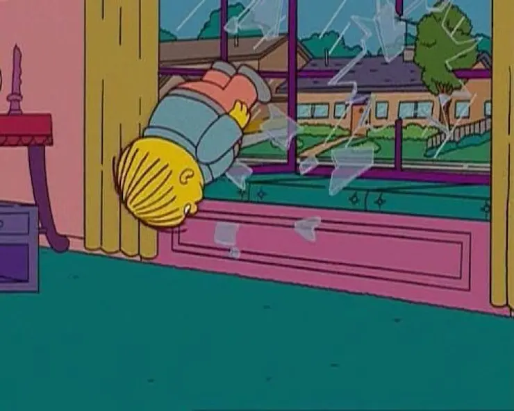 Cartoon boy in blue crashing headfirst through a living-room window as glass shards fly around him