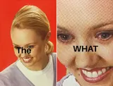 Two panels of a smiling blonde woman on red, labelled "The" and a zoomed halftone close-up labelled "WHAT"