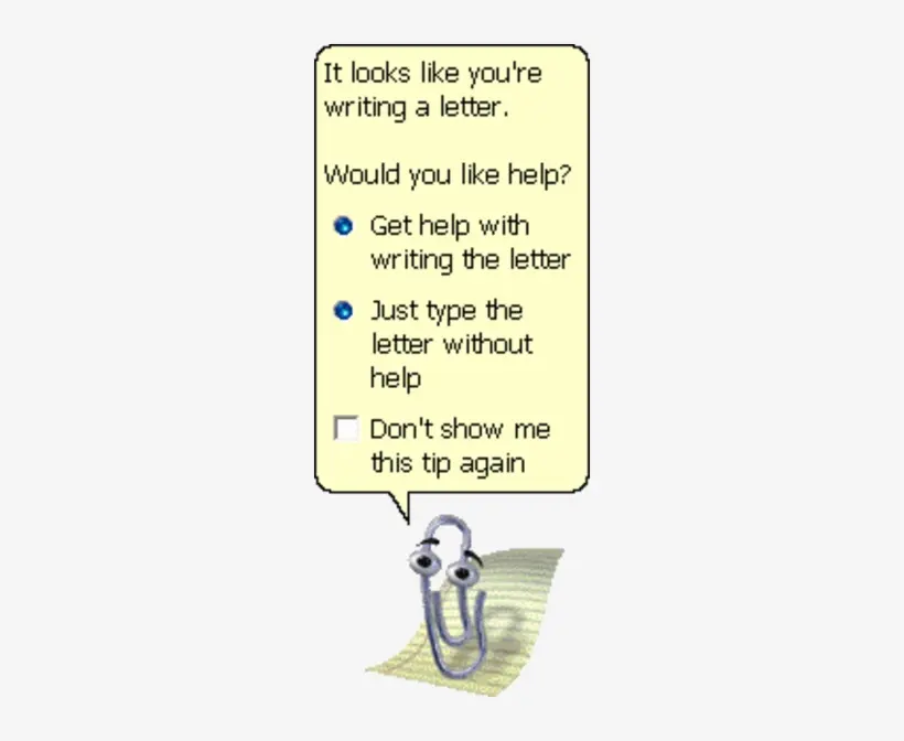 Googly-eyed paperclip assistant on a sheet of paper with a yellow help bubble reading "It looks like you're writing a letter."