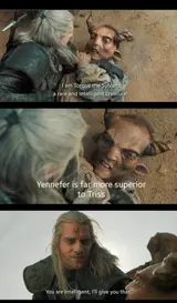 Three subtitled screencaps: white-haired swordsman pinning a horned creature, ending with "You are intelligent, I'll give you that."