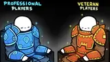 Cartoon comparison of two armoured figures with blank white heads, labelled 'Professional players' in blue and 'Veteran players' in orange