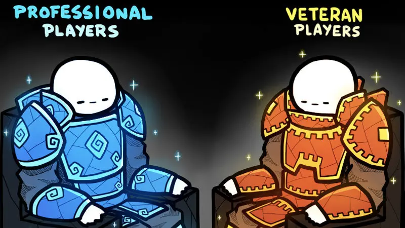 Cartoon comparison of two armoured figures with blank white heads, labelled 'Professional players' in blue and 'Veteran players' in orange