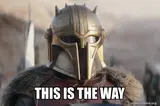 Armoured figure in a horned gold helmet against a desert background, captioned "THIS IS THE WAY", makeameme.org watermark