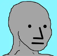 Grey featureless cartoon head with a blank stare and straight-line mouth on a light blue background