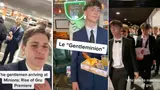 Three cinema clips of teenage boys in suits and ties, captioned "The gentlemen arriving at Minions: Rise of Gru Premiere"