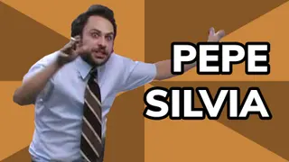 Wild-eyed man in a white shirt and striped tie gesturing frantically, cut out over an orange background with text "PEPE SILVIA"