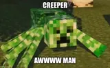 Pixelated green Minecraft creeper lunging toward the camera across grass, captioned "CREEPER" above and "AWWWW MAN" below