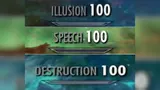 Three stacked Skyrim skill-up banners over a nebula reading "ILLUSION 100", "SPEECH 100" and "DESTRUCTION 100"