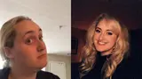 Split image of a blonde woman's skeptical kombucha-tasting face beside a smiling selfie