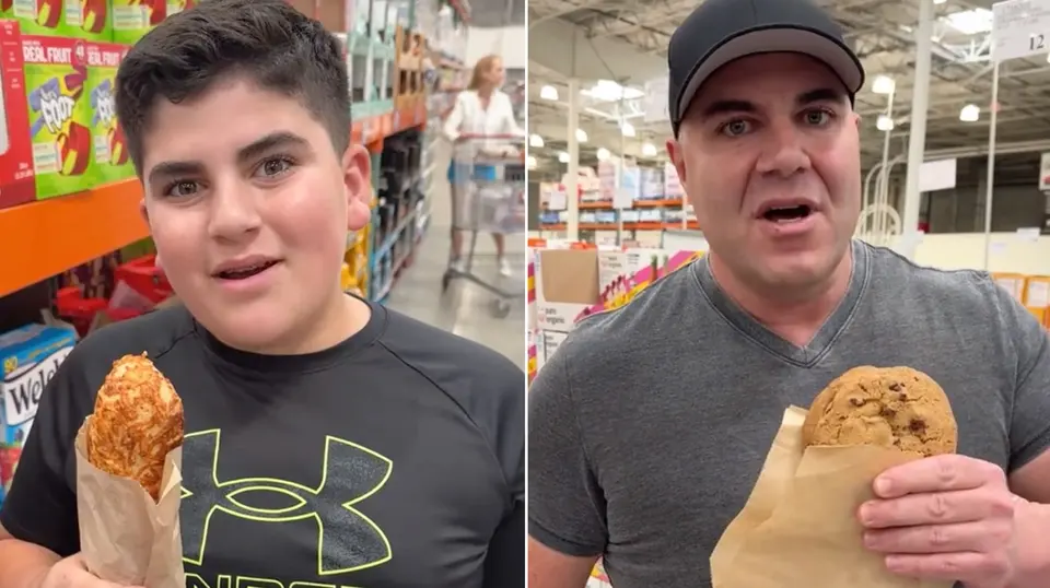 Side-by-side warehouse-store clips: a teen boy holding a cheese pastry and a capped man holding a giant chocolate chip cookie