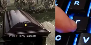 Split image: a video-game coffin with the prompt "Press F to Pay Respects", beside a finger pressing F on a lit keyboard