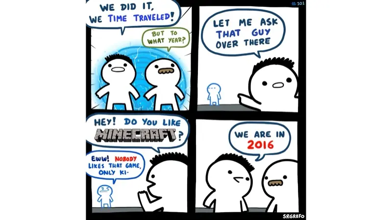 Four-panel stick-figure comic starting "WE DID IT, WE TIME TRAVELED!" and ending with a bubble reading "WE ARE IN 2016"
