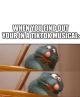 Two panels of a startled blue-grey cartoon rat, captioned "WHEN YOU FIND OUT YOUR IN A TIKTOK MUSICAL:"