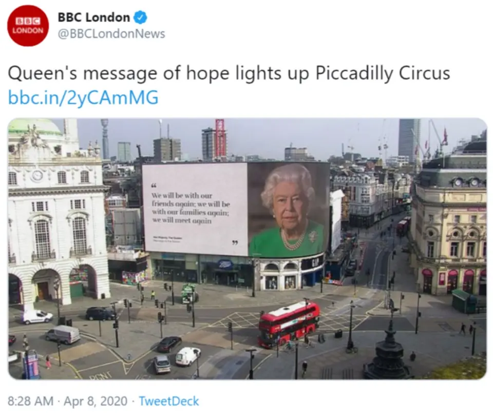 Queen Elizabeth "We will meet again" billboard at London's Piccadilly Circus