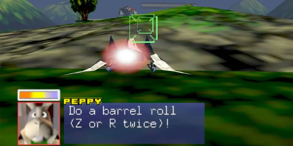 Star Fox 64 screenshot: an Arwing over green terrain with Peppy portrait and text "Do a barrel roll (Z or R twice)!"