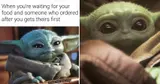 Two-panel collage of the big-eared green Star Wars infant, one captioned about waiting for food while others get theirs first