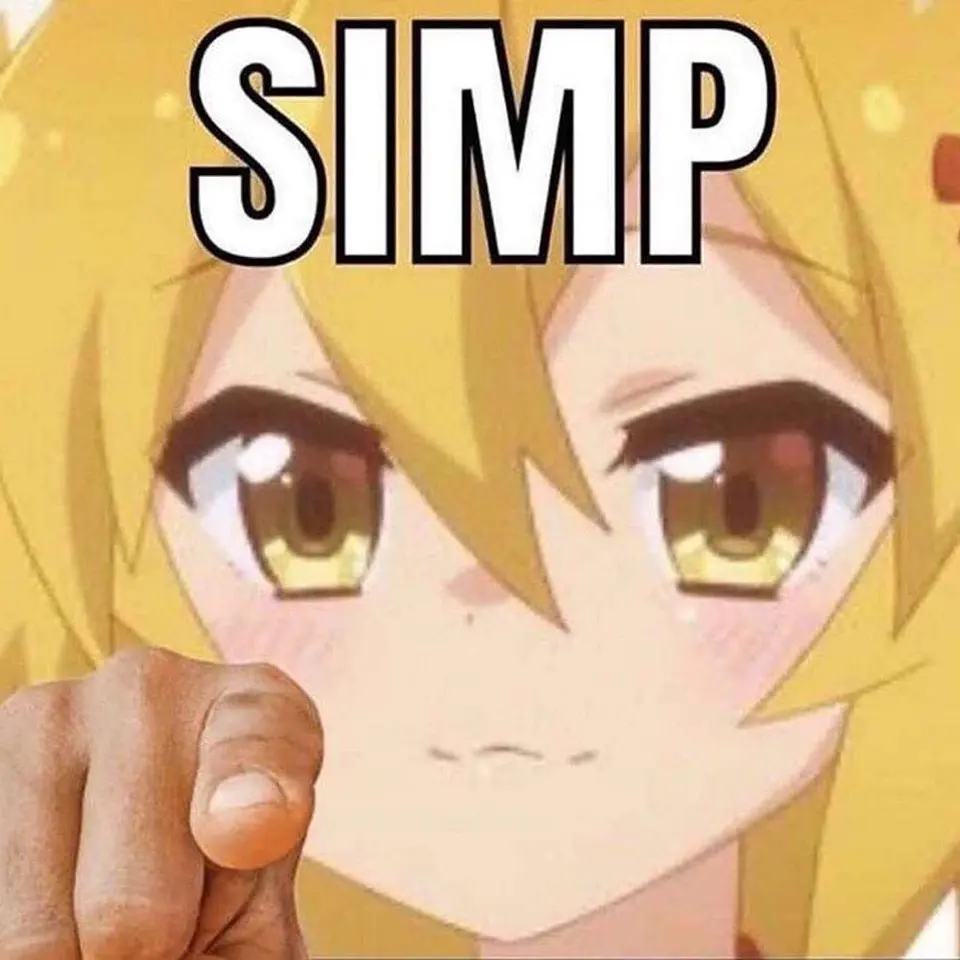 Close-up of a blushing blonde anime girl with a hand pointing at the camera, captioned "SIMP" in white
