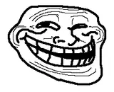 Black-and-white line drawing of a lumpy face with a huge toothy grin and squinting eyes on white