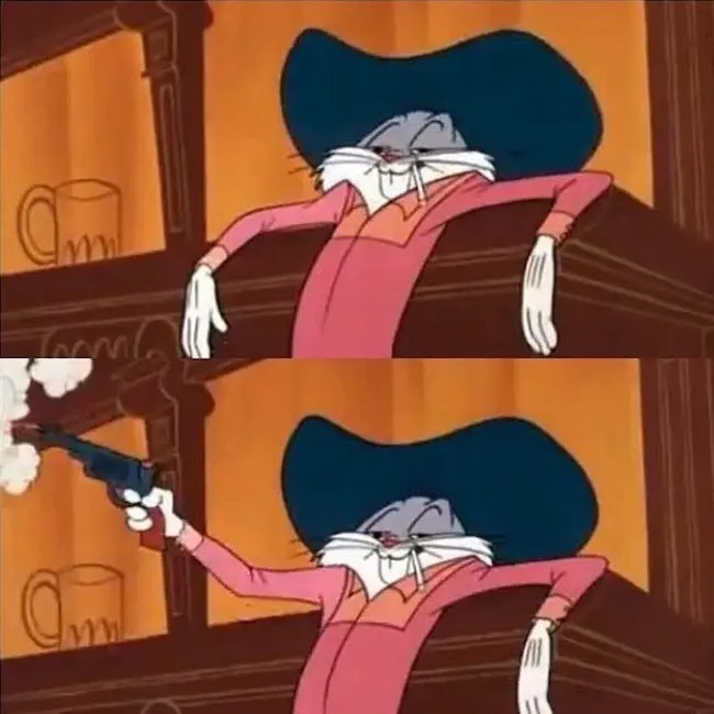 Two cartoon panels of a grey rabbit in a wide blue hat and pink dress, then firing a smoking revolver sideways