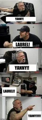Five-panel American Chopper argument meme, two men shouting "YANNY!" and "LAUREL!" back and forth, chair thrown