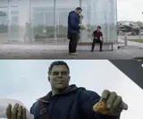 Two stills: a green-skinned Hulk in a hoodie beside a man seated outside a glass building, then offering a small taco