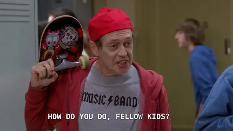 Middle-aged man in a backwards red cap and 'Music Band' shirt holding a skateboard, subtitled 'How do you do, fellow kids?'