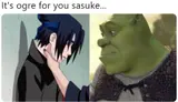 Side-by-side panels captioned "It's ogre for you sasuke...": a hand grips a dark-haired anime boy's throat beside a green ogre glancing over