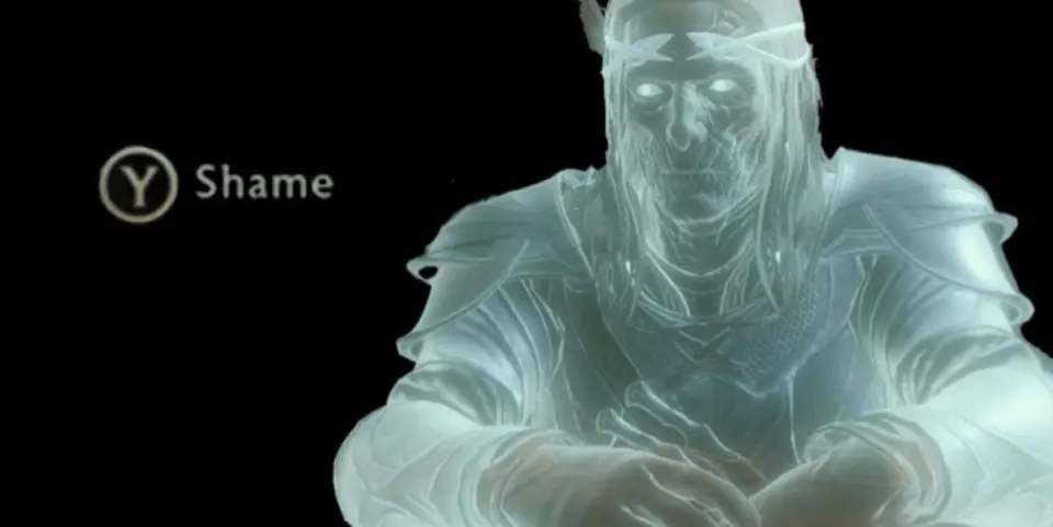 Game screenshot of a translucent ghostly armored figure with glowing white eyes, with the button prompt "Y Shame" to its left