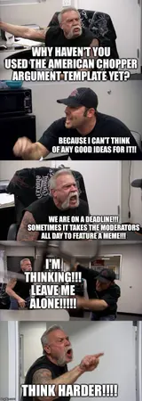 Five-panel screenshot of a mustached older man and a younger man in a cap shouting across an office desk, chair flying
