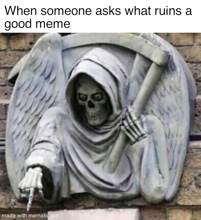 Stone relief of a winged hooded skeleton with a scythe pointing off-frame, captioned "When someone asks what ruins a good meme"