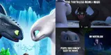 Two animated dragons facing each other beside a three-panel meme labelled "THE TOOTHLESS MEME I MADE" and "MY NOSTALGIA"