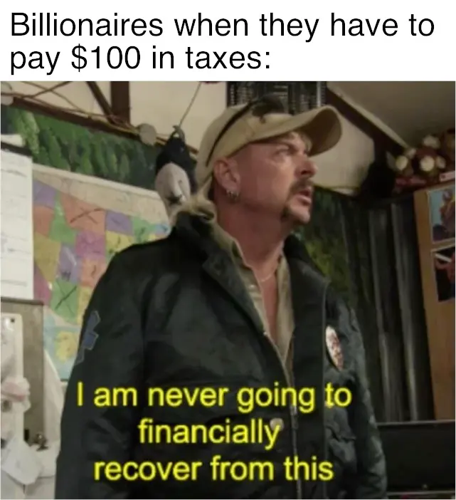 Mulleted man in a khaki cap and black jacket staring off camera, subtitled "I am never going to financially recover from this"