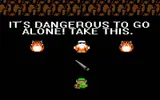 Pixel-art cave from an 8-bit game, text "It's dangerous to go alone! Take this.", a lit joint hovering above a small green-hatted hero