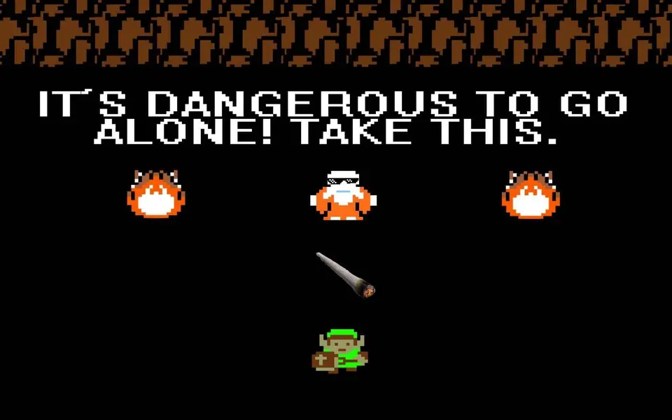 Pixel-art cave from an 8-bit game, text "It's dangerous to go alone! Take this.", a lit joint hovering above a small green-hatted hero
