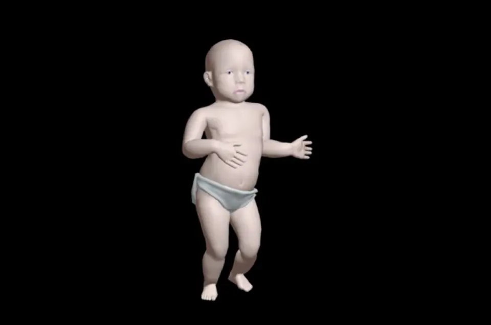 The 1996 3D-rendered Dancing Baby in a diaper, posed mid cha-cha on a black background