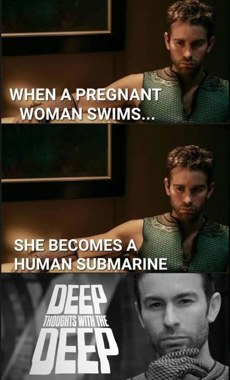 Three panels of a bearded man in green scale armour, captioned "When a pregnant woman swims... she becomes a human submarine"