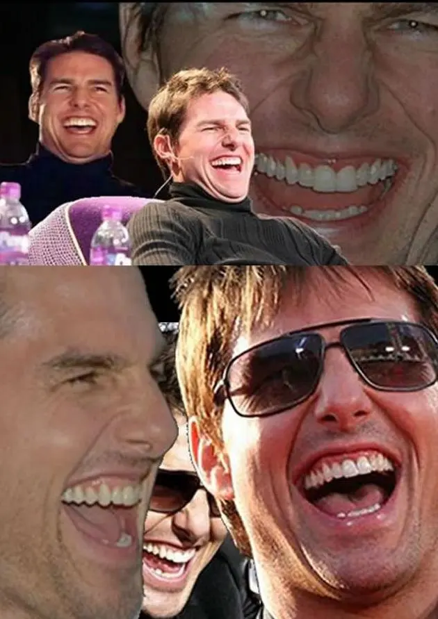 Collage of six overlapping photos of the same dark-haired man laughing open-mouthed, one pair wearing sunglasses