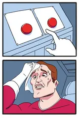 Two-panel cartoon: a gloved hand hovering over two blank red buttons, then a sweating man in red mopping his brow