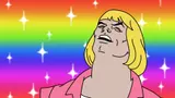 Cartoon He-Man with a blonde bob and pink jacket, head tilted back mid-song, against a rainbow gradient with white sparkles